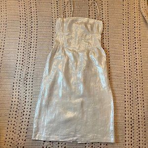 Charles Nolan White/Silver Linen Spaghetti Strap Straight Midi Dress Size 8